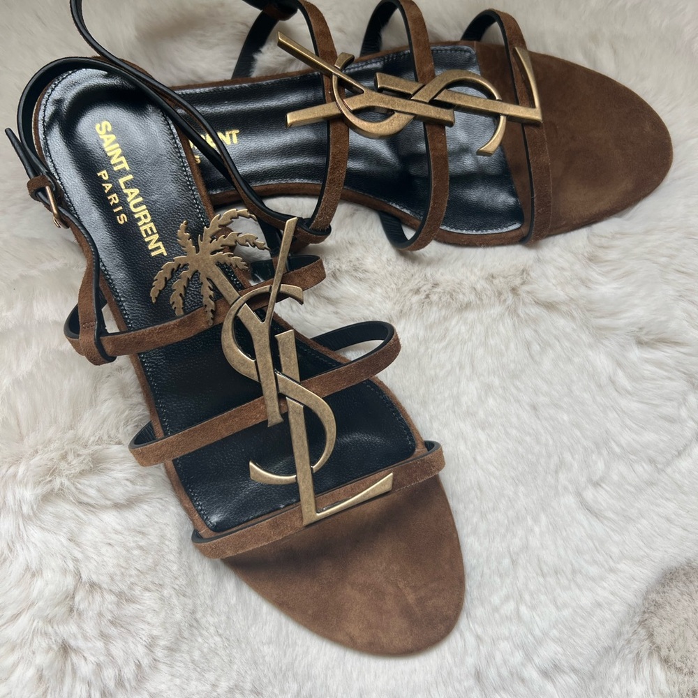 New Saint Laurent Cassandra Suede YSL logo Palm tree Sandals Brown Sandals - Picture 4 of 13